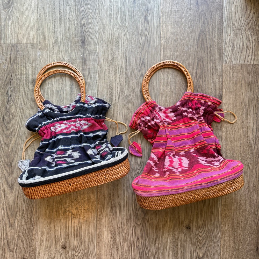 Set of 2 Woven Rattan Ikat Fabric Drawstring Handbags Boho Wicker Totes
